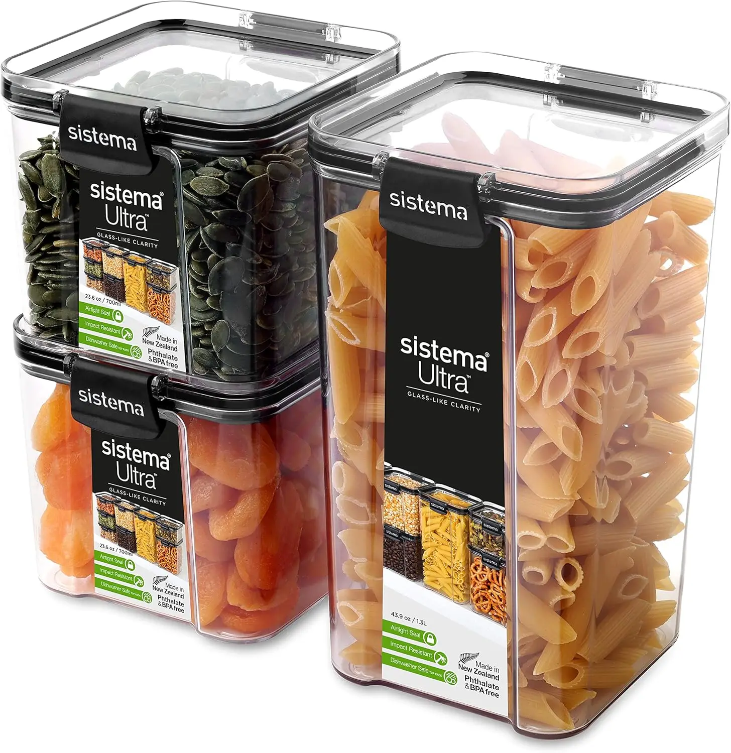 

Tritan Ultra Airtight Pantry Storage Containers, 3-Pack, BPA-Free, Stackable, Clear with Locking Clips