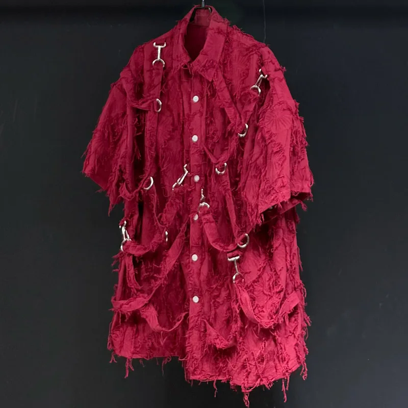 Original design Red strap tassel men's short sleeved shirt Performance Men's Clothing