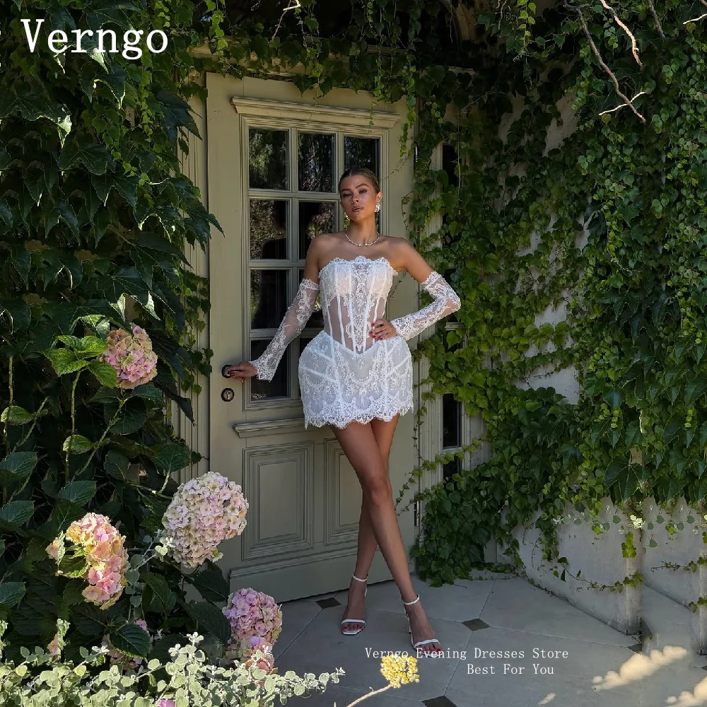 Verngo Sexy Lace Mini Wedding Dress Strapless Bone Gloves A Line Short Bridal Gowns After Party Elegant Bride Dresses Customized