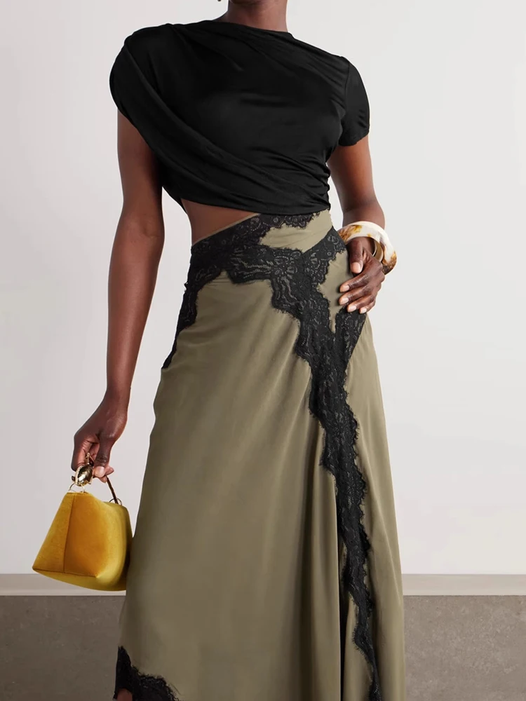 Zomer O-hals Korte Mouwen Lange Jurk Kant Patchwork Dames Avondjurk Nieuwe 2025, Modieuze Holle Onregelmatige Maxi-jurken