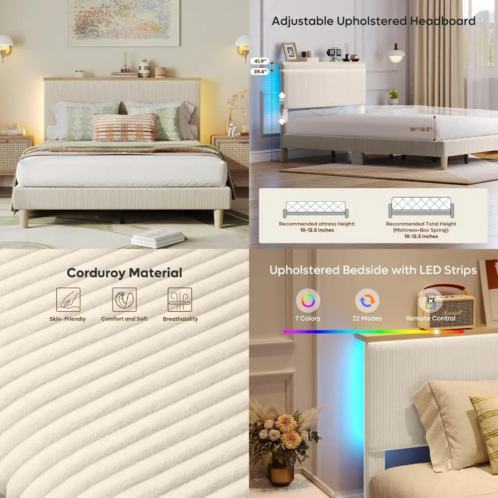 

Luxury Corduroy Platform Bed with Adjustable Headboard, LED Lighting, and Storage Shelf