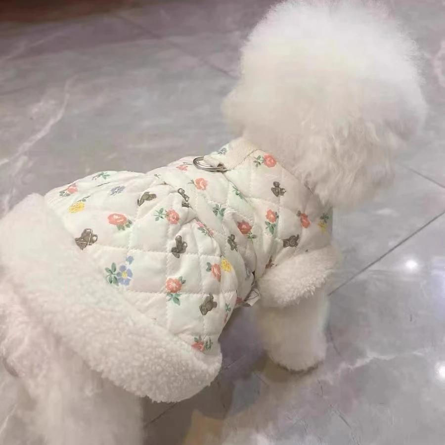 Pet Floral Plush Vest Autumn and Winter New Plush Floral New Year Dress Teddy Bear Dog Cat New Year Traction Vest Puppy Clothes