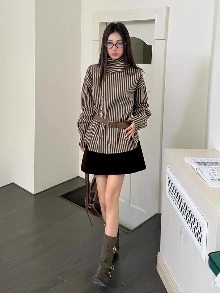 Retro Striped Shirt With Women'S Spring And Autumn Slanted Placket Design, Corduroy Loose Long Sleeved Top