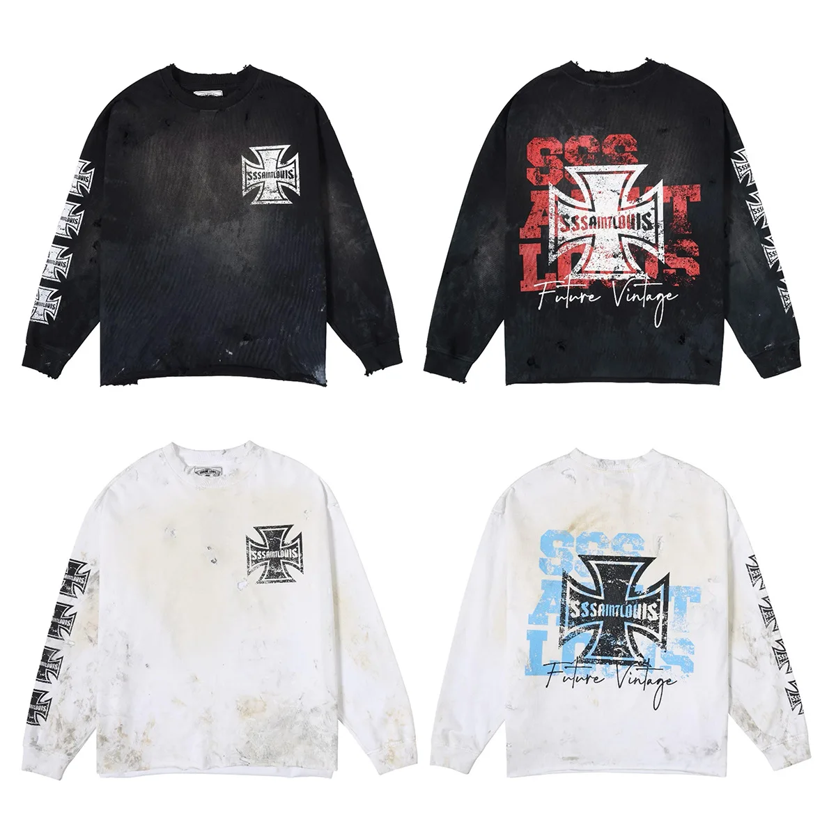 

SSSAINT LOUIS Осенняя одежда, которая легко загрязняется и повреждается, футболки с длинными рукавами, футболка с уличным граффити в форме креста