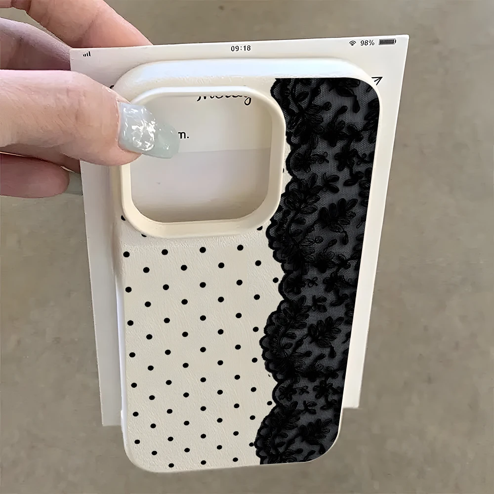 Funda de Teléfono Suave con Diseño de Encaje y Puntos Negros para iPhone 17 16 15 14 13 12 11 Pro Max 17 Air 14 15 Plus X Xs XR