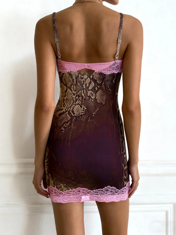 SsTss nueva moda vestido con estampado de serpiente para mujer Sexy encaje transparente Patchwork sin mangas espalda descubierta ceñido al cuerpo Mini vestido de fiesta y discoteca