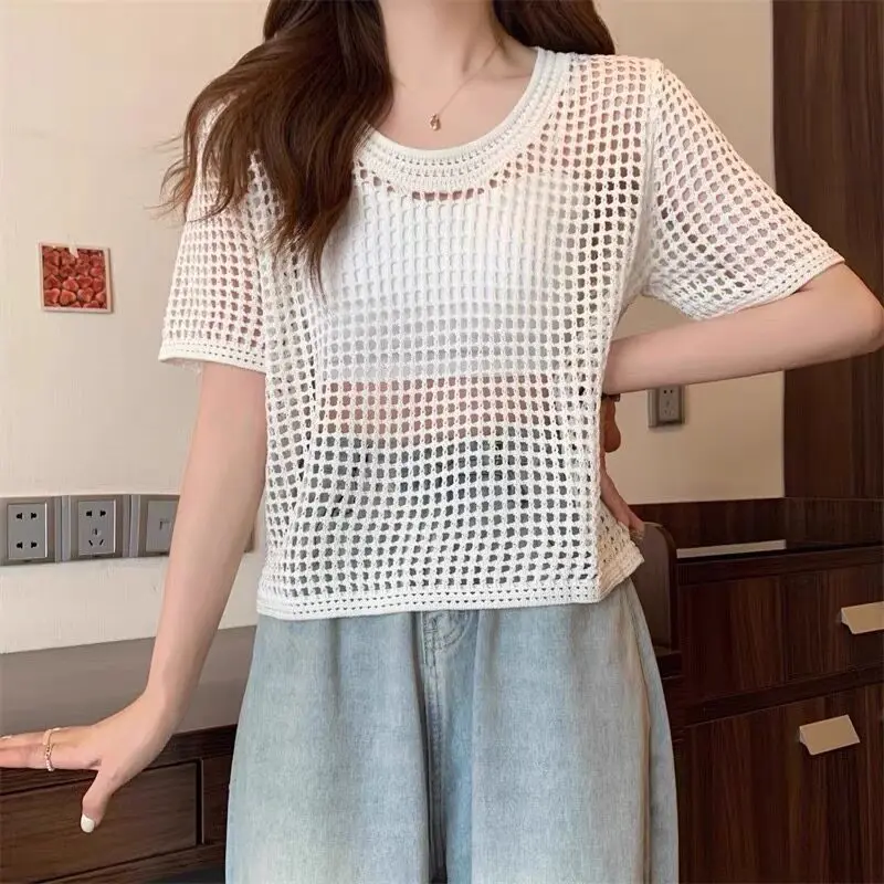 

Women's Short Sleeve Open Knit Sweater Top Scoop Neck Mesh Crochet Tee Summer Boho Beach Cover Up Cottagecore