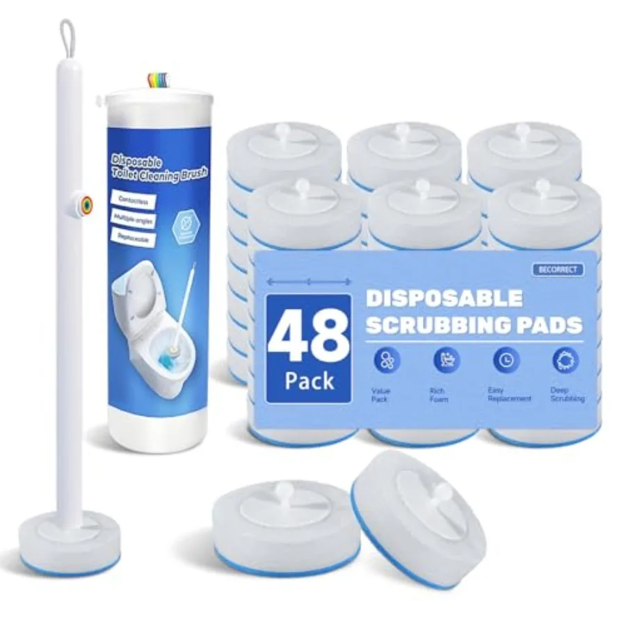 

Disposable Toilet Brush with 48 Refills and Replaceable Scrubber Heads, Toilet Bowl Cleaner Wand and Wall-Mounted Holder, Space