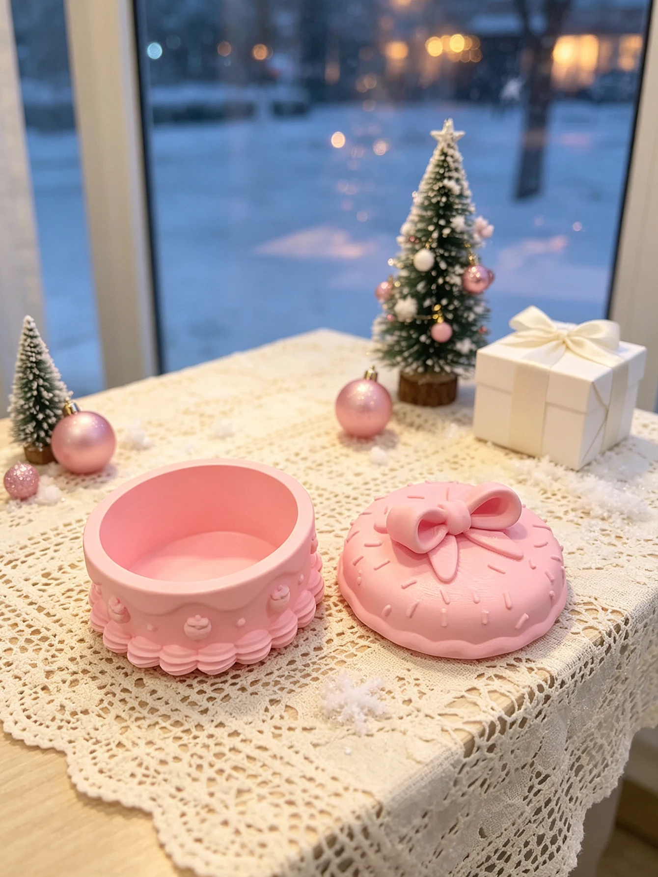 3D Printed Pink Cake-Shaped Jewelry Box with Bow and Lid, Girly Style Dessert-Shaped Storage Box for Rings, Earrings, and Necklaces, Mini Dressing Table Jewelry Organizer, Desktop Decoration, Dust-Proof and Dust-Proof Design to Protect Jewelry, Cute and Delicate Design Suitable for Girly Room Decoration, Daily Jewelry Storage and Organization Tool for Students and Girls