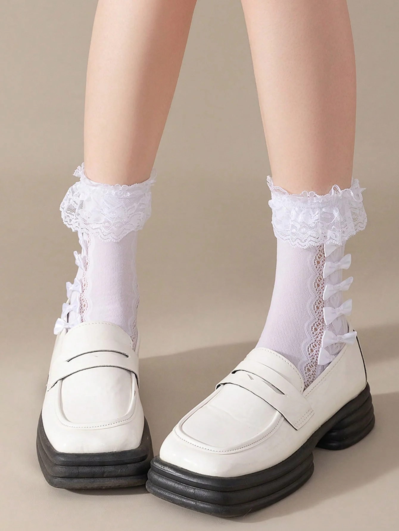 1/3/5 Pairs Women's Solid Color Lace Trim Heart Bow Ankle Socks, Japanese Style Lolita Crew Socks