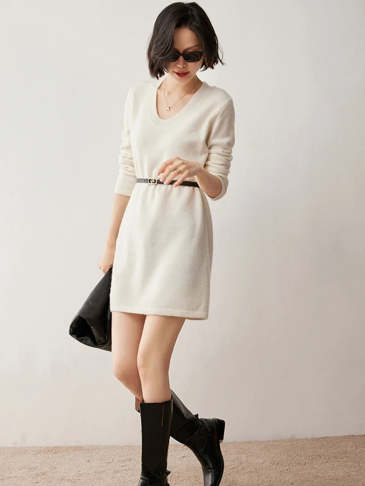 

Office Women Sweater Pullover Dress 100% Cashmere Autumn Winter Sweater Dress Clothes Long Sleeve U-Neck Midi Length Dress Warm
