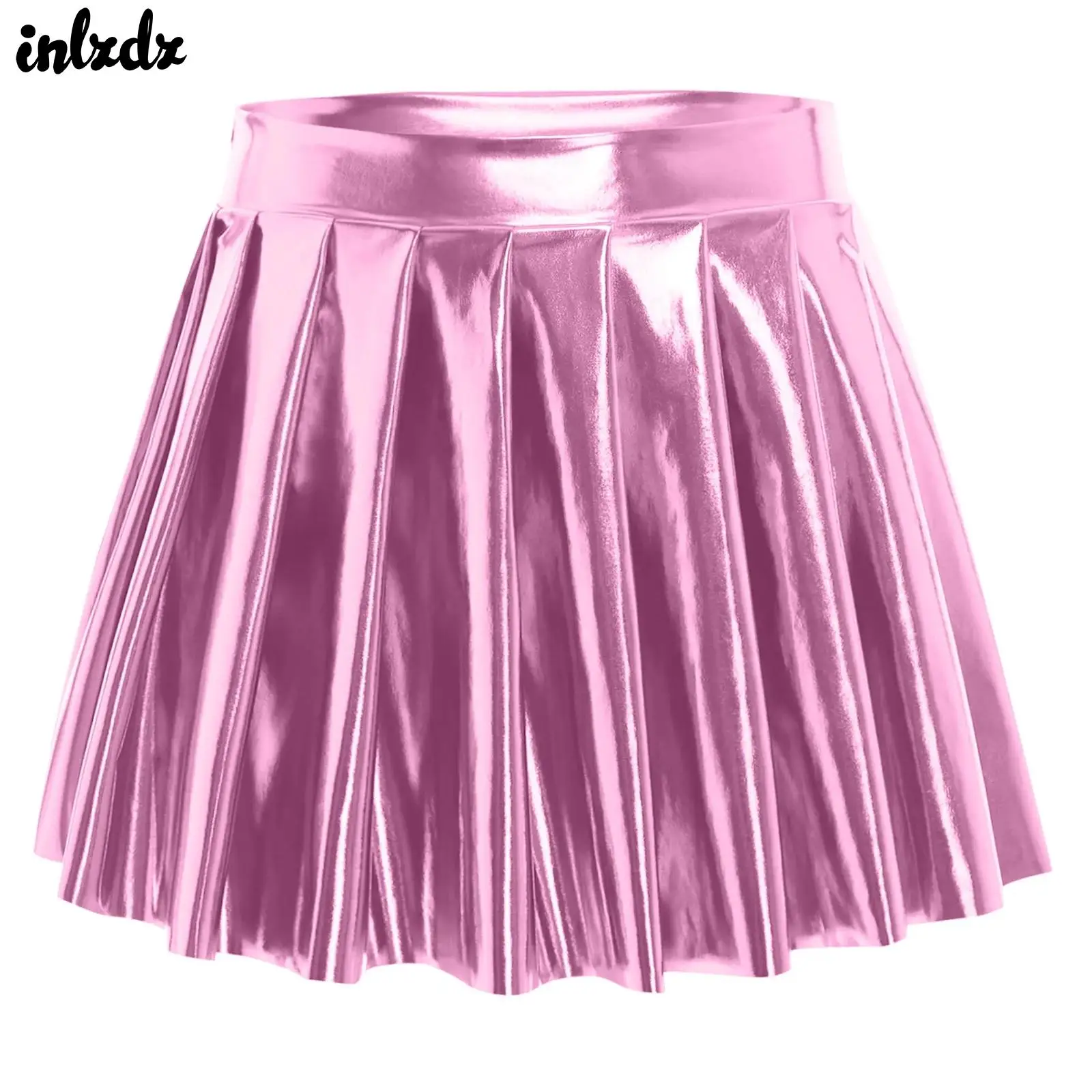 

Womens Metallic Shiny Pleated JK Disco Short Mini Skirt High Waist Side Zipper Ruched A-line Skirts Pole Dance Rave Clubwear
