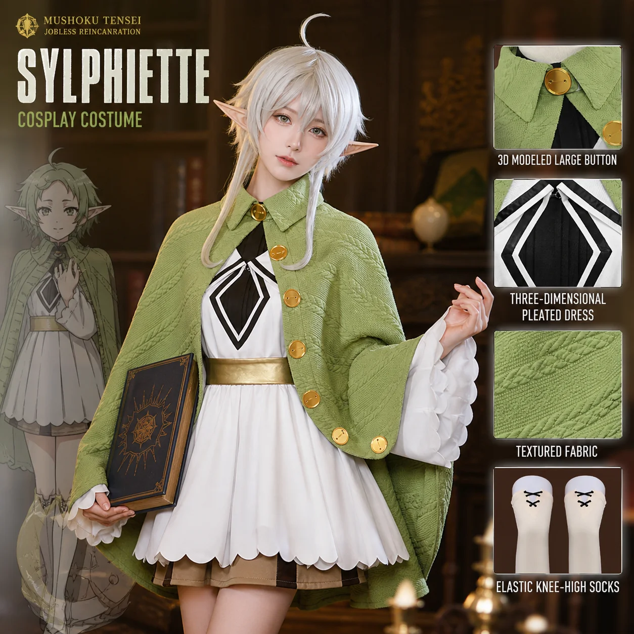 Sylphiette Mushoku Anime Tensei Cosplay Full Set Costume Outfit Green Cape White Dress JK Wigs Halloween Carnival Party Stage