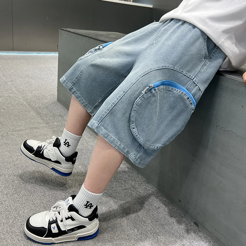 Korean Kids y2k Gothic Jeans Shorts with 3D Pocket For Boy Fashion Trend Harajuku Retro Straight Leg Denim Shorts Children 5-14Y
