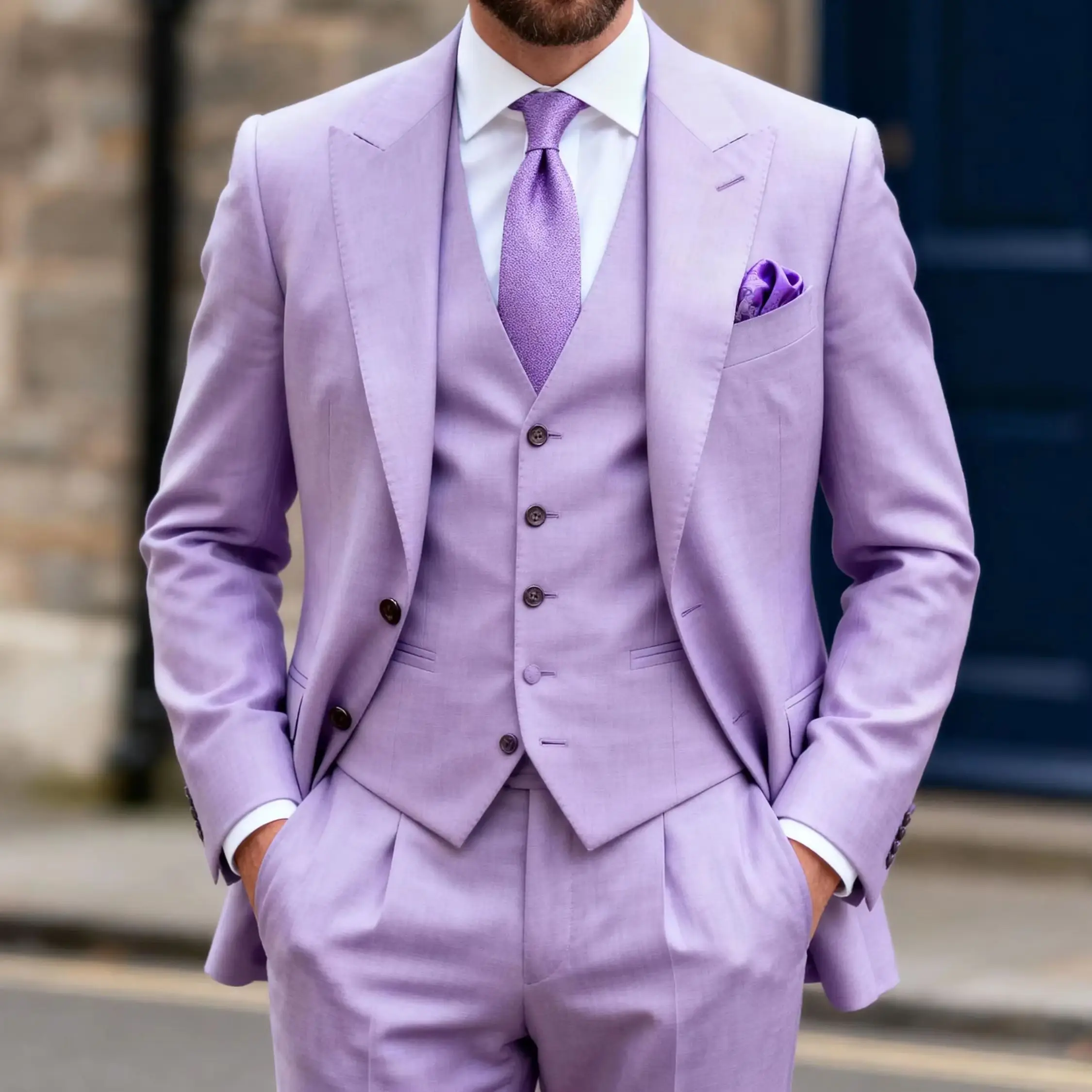 3 Piece Suit Lilac Slim Fit Single Breasted Blazer Vest Pleated Pants Wedding Groom Outdoor Banquet Spring Summer Customized