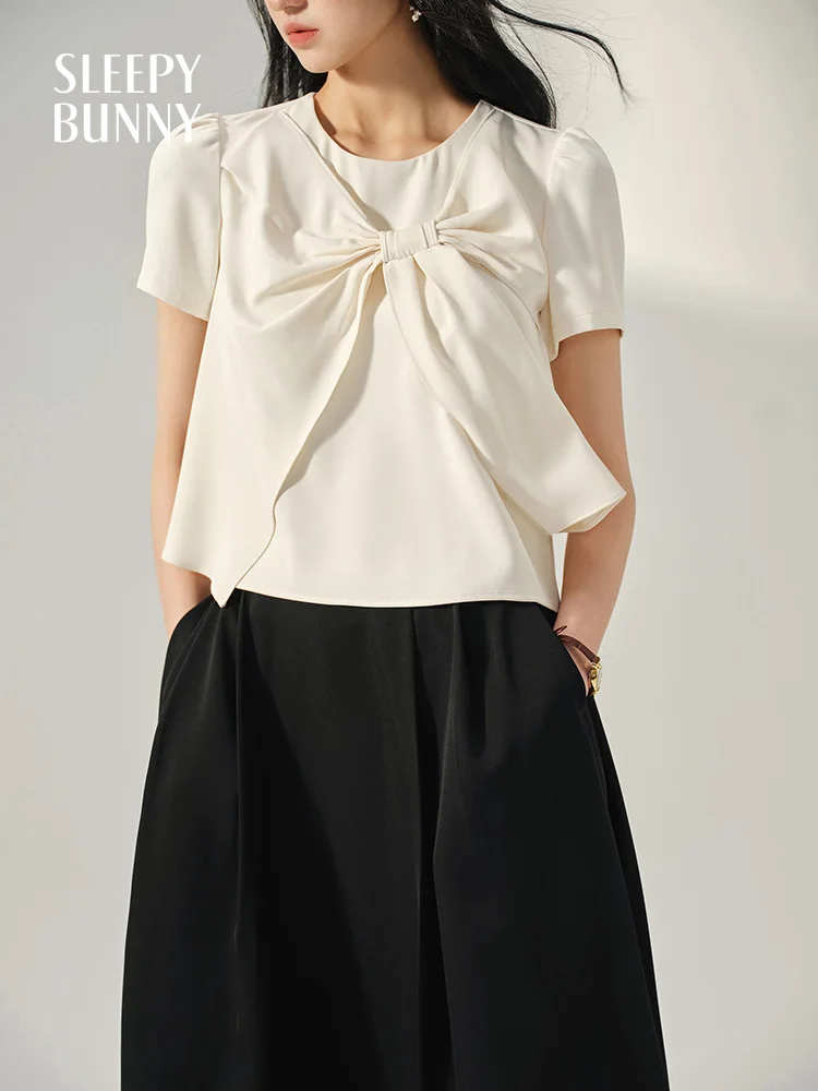 

Elegant Puff Sleeve Bow Blouse for Women Summer Korean Style Two-Piece Look Shirt Slim Fit Office or Casual Short Sleeve Outfit