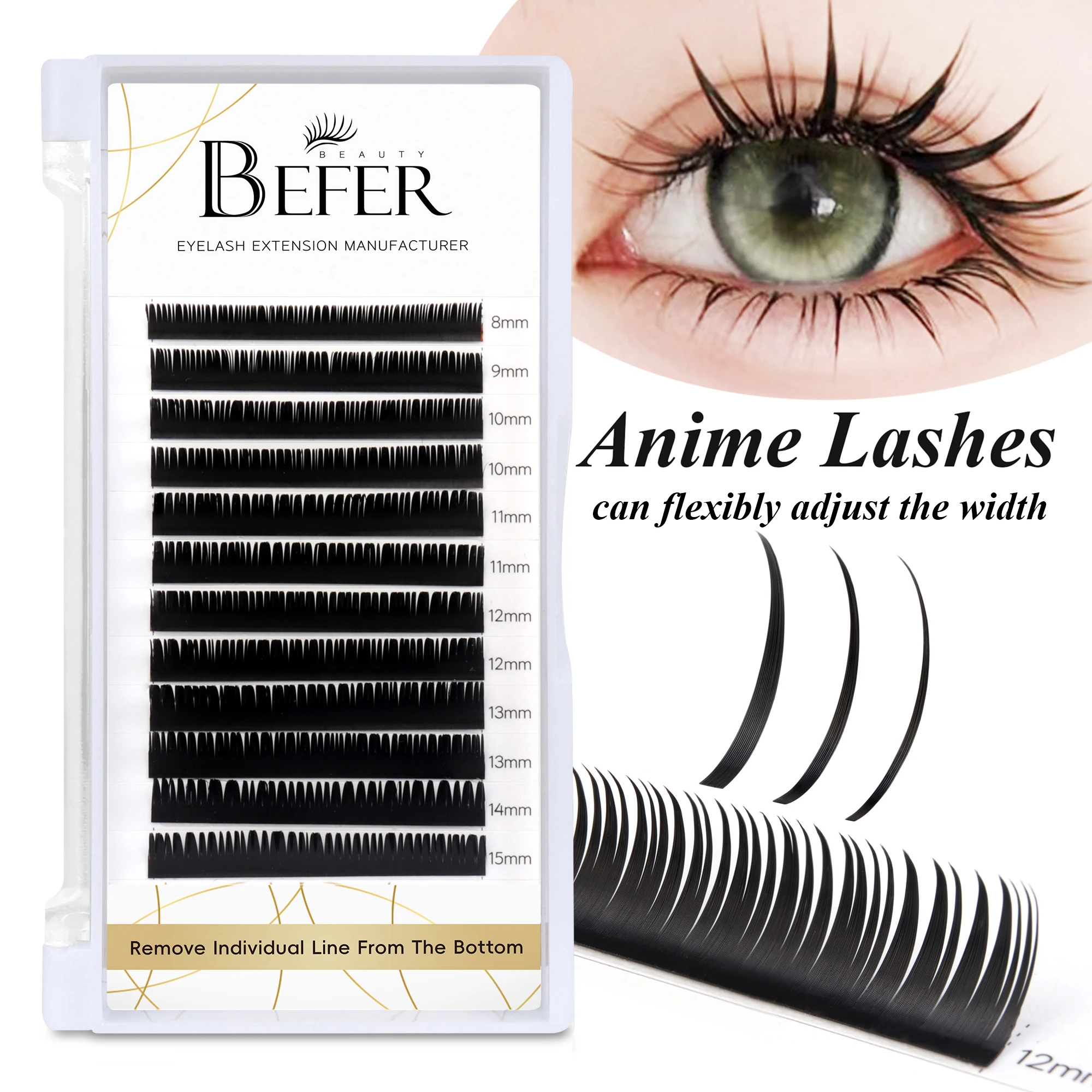 Befer Beauty Manga Style Cosplay Eyelash Extensions Anime Lashes 8-15mm C/D Curl Wet Adjustable Width Lash Extensions Supplier