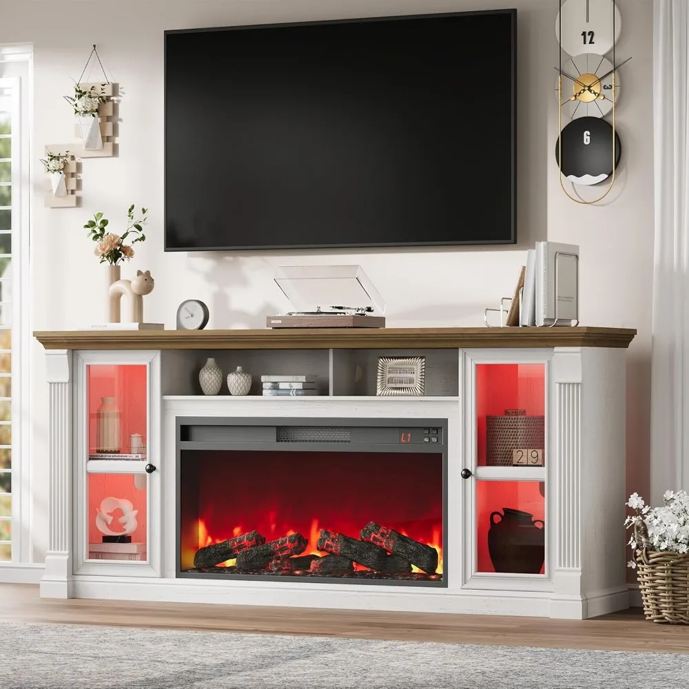 Farmhouse Fireplace TV Stand Up to 80" TVs, 70" Modern Highboy Entertainment Center with 36" Electric Fireplace & LED Lights,