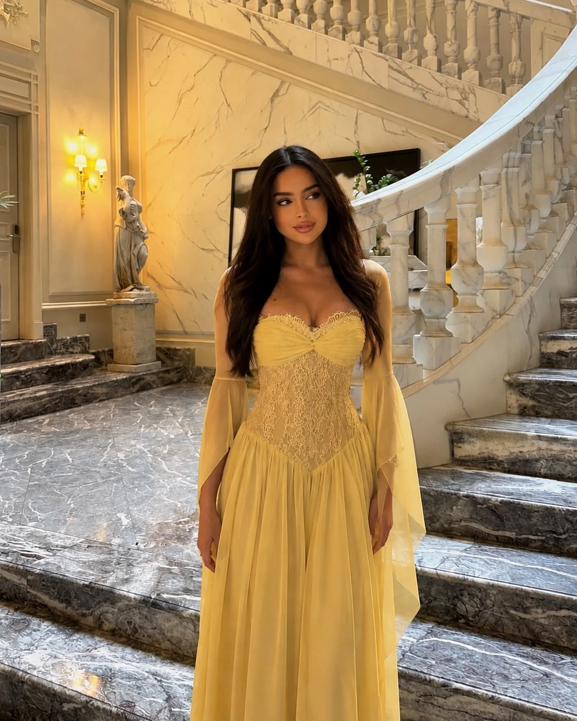 Yellow Sweetheart Lace Corset Evening Gown Flare Long Sleeve Chiffon A‑Line Maxi Dress Formal Wedding Guest Prom Party Dress