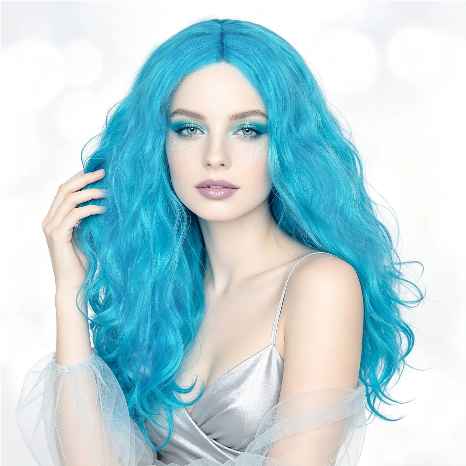 Women Blue Middle Part Long Wavy Synthetic Wig Natural Looking Adjustable Cap For Female Cosplay Halloween Christmas Dress Party