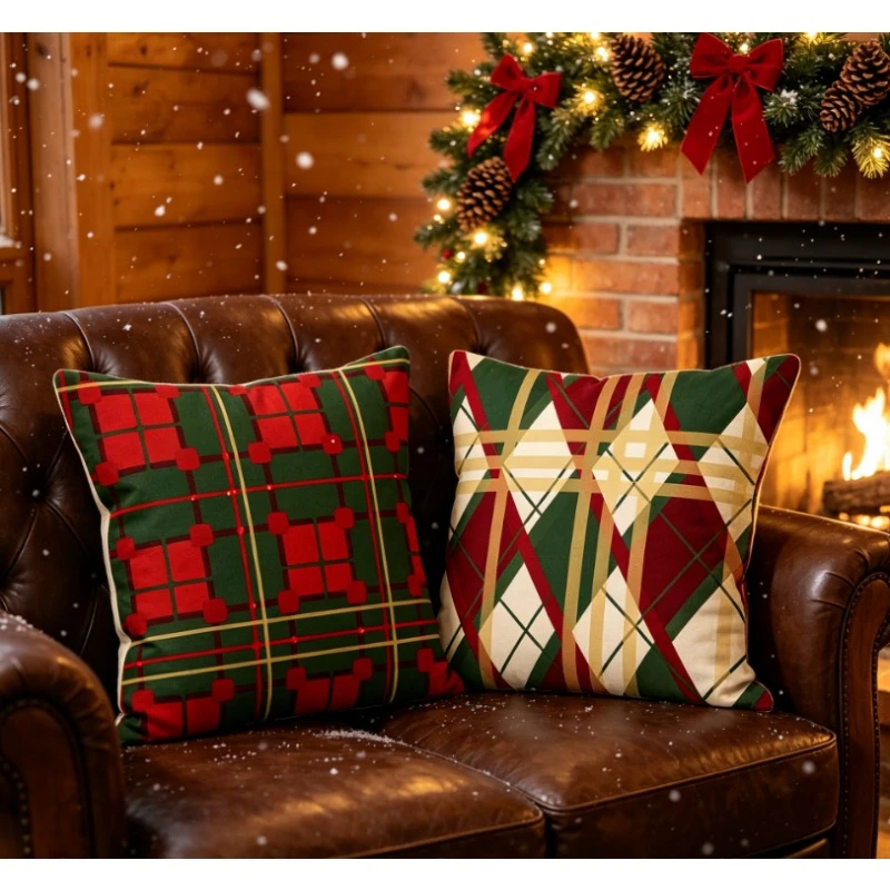 2pc Christmas Plaid Argyle Throw Pillow Covers Set of 2 Classic Holiday Decorative Square Cushion Cases for Sofa Couch