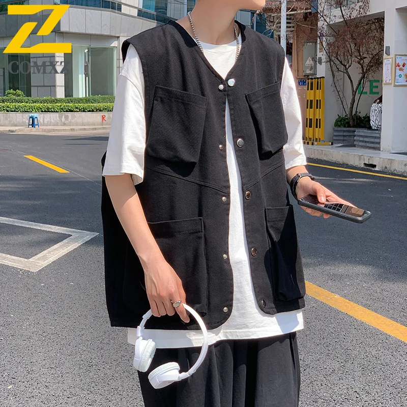 الرجال ملابس العمل سترة الصيف فضفاضة خمر جاكيت بلا إكمام الكورية نمط الشارع الشهير متعددة جيب عادية المتضخم الدنيم صدرية #2