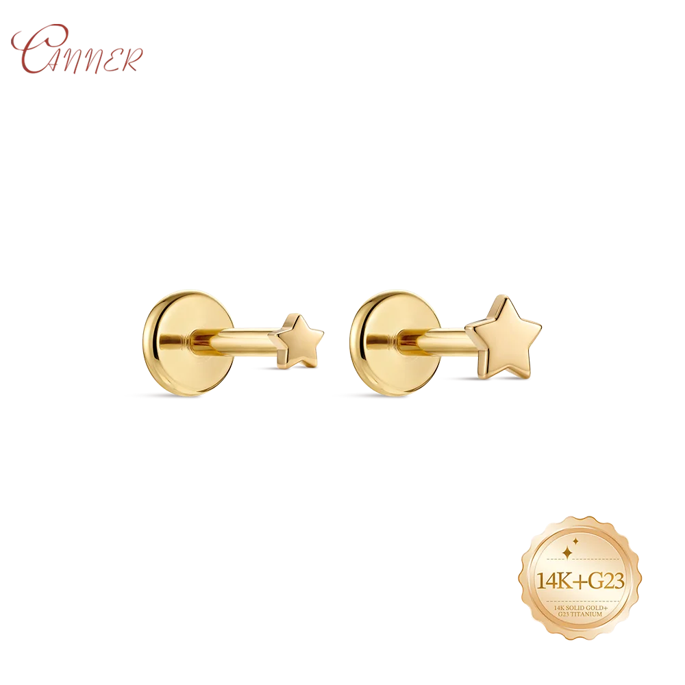 CANNER 14K Solid Gold Tiny Star Piercing G23 Titanium Push In Branch Earring Stud Pendant Threadless Cartilage Body Jewelry Gift