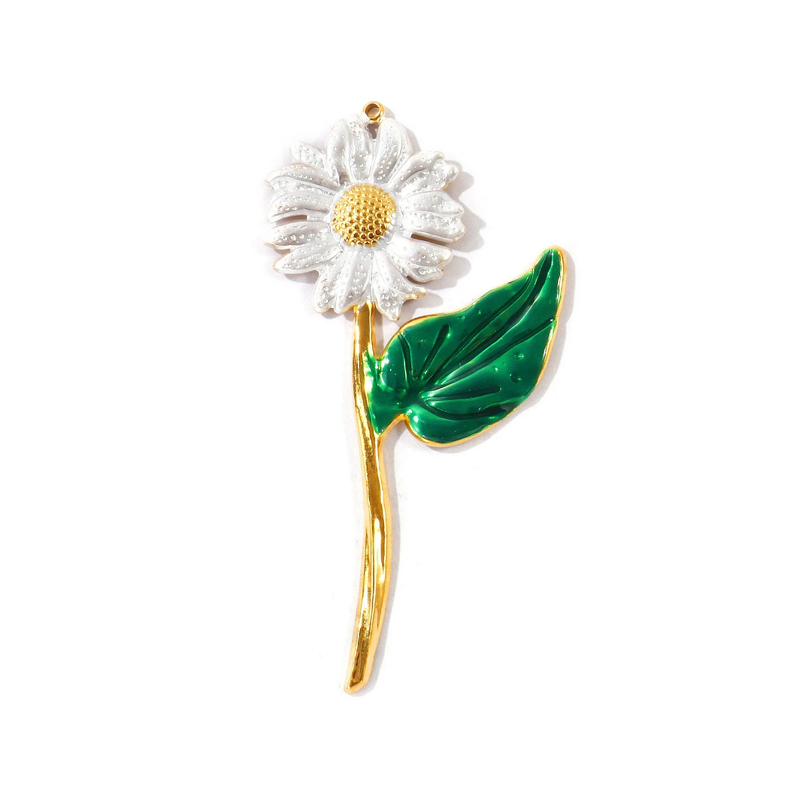 1 Stück Emaille-Gänseblümchen-Stiel-Anhänger aus 304 Edelstahl, 18K vergoldet, grünes Blatt, DIY-Halskette, Schmuckherstellung, Großhandel – Detail 1