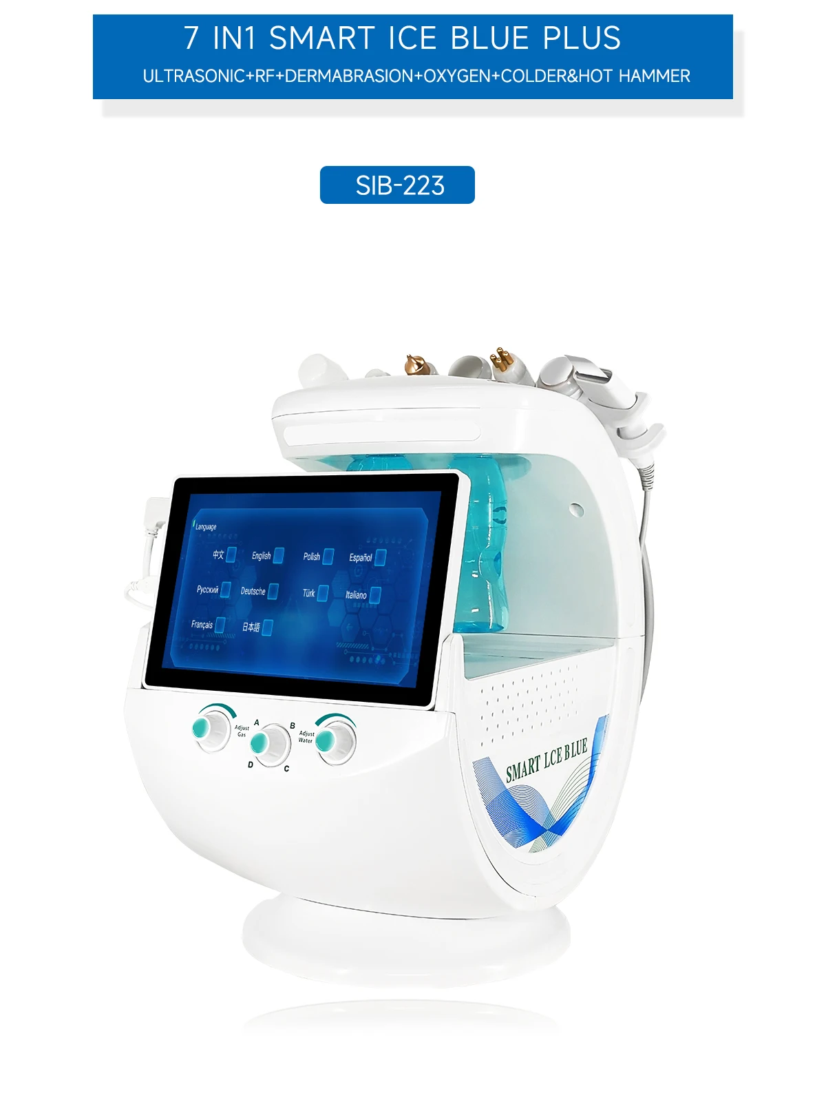 Newgaga 7 In 1 Ijsblauwe Magische Microdermabrasie Spiegel Huid Analysator Zuurstofmachine Echografie Water Cryotherapie Massager