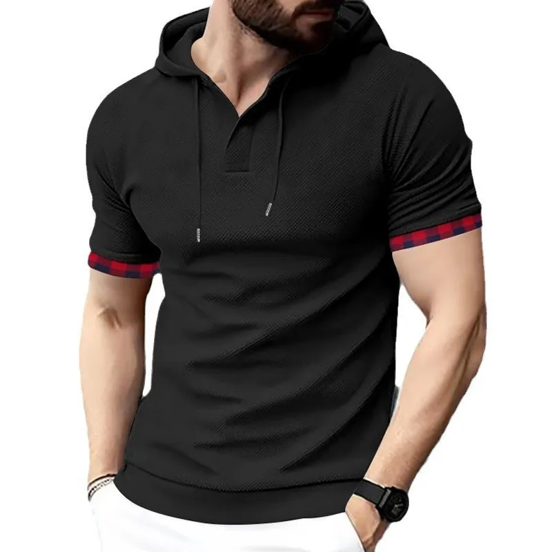 Summer Short Sleeve Men's T-Shirt Casual Fashion Waffle Solid Color Casual Hooded Men's T-Shirt