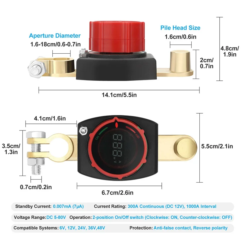 Interruptor de desconexión de batería de poste superior, 12V-48V con voltímetro LED, interruptor de apagado de batería de 5-60V CC, interruptor de corte de batería de encendido/apagado para coche