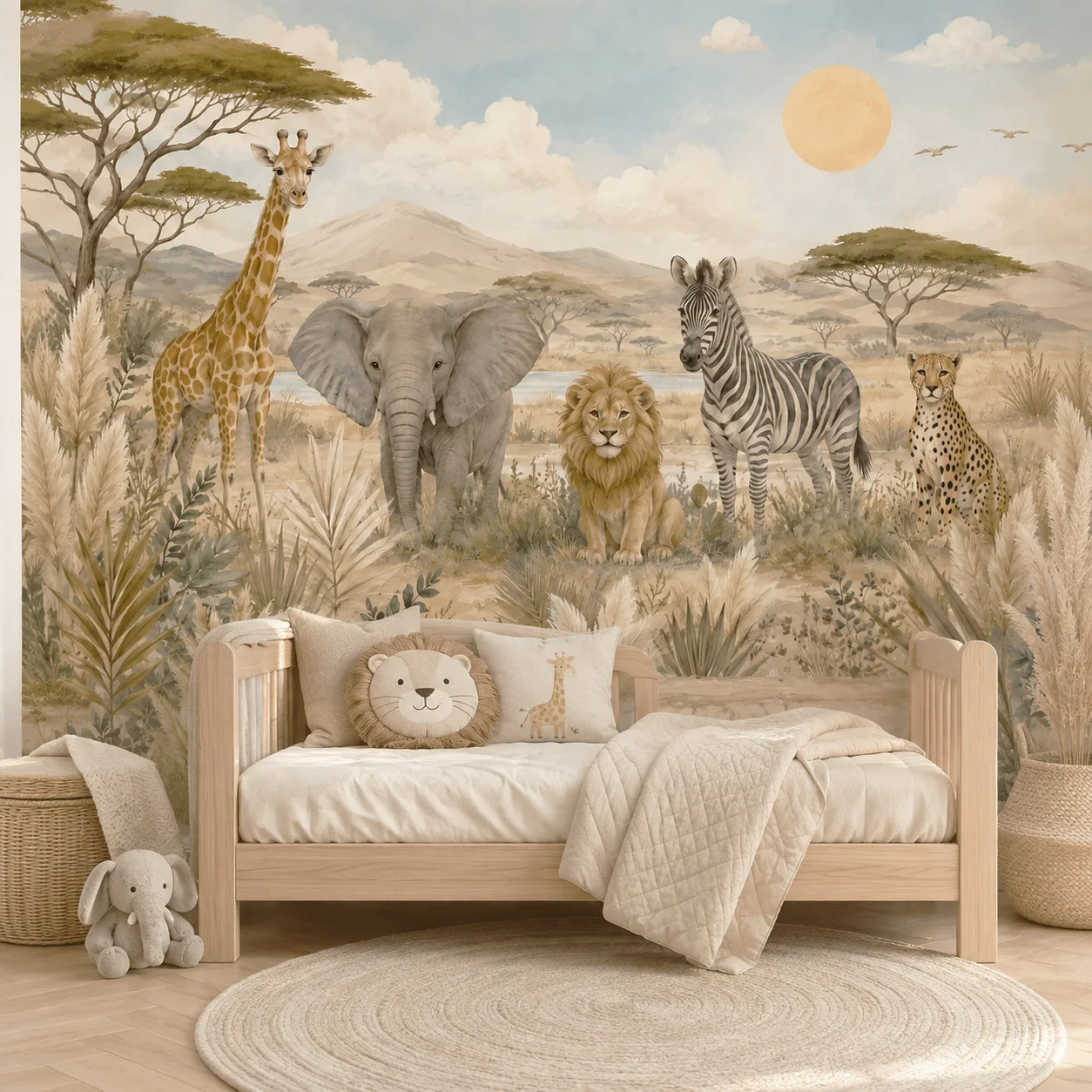 Kids Safari Animals Wallpaper Mural Giraffe Elephant Lion Zebra Cheetah Nursery Bedroom Wall Decor Non Self Adhesive