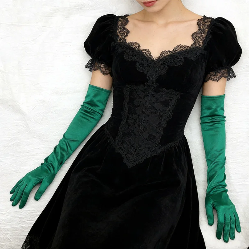 

55cm Women Green Long Stage Performance Multicolor Women Gloves Cosplay Accessories Soft Smooth Solid High Stretch