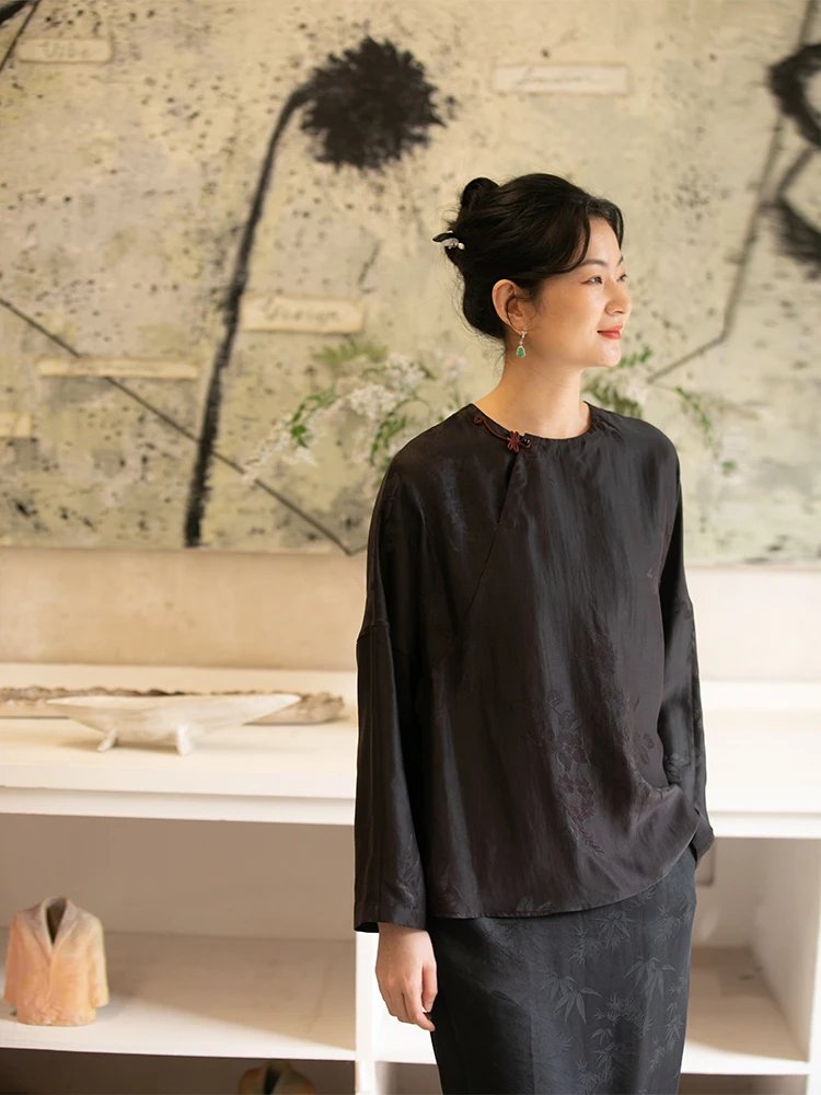 

New Chinese Sle Ele Silk irt Xiangyun Silk Embroidery Sangpo Silk Spring New Design round Ne Long Sve Loose Fit