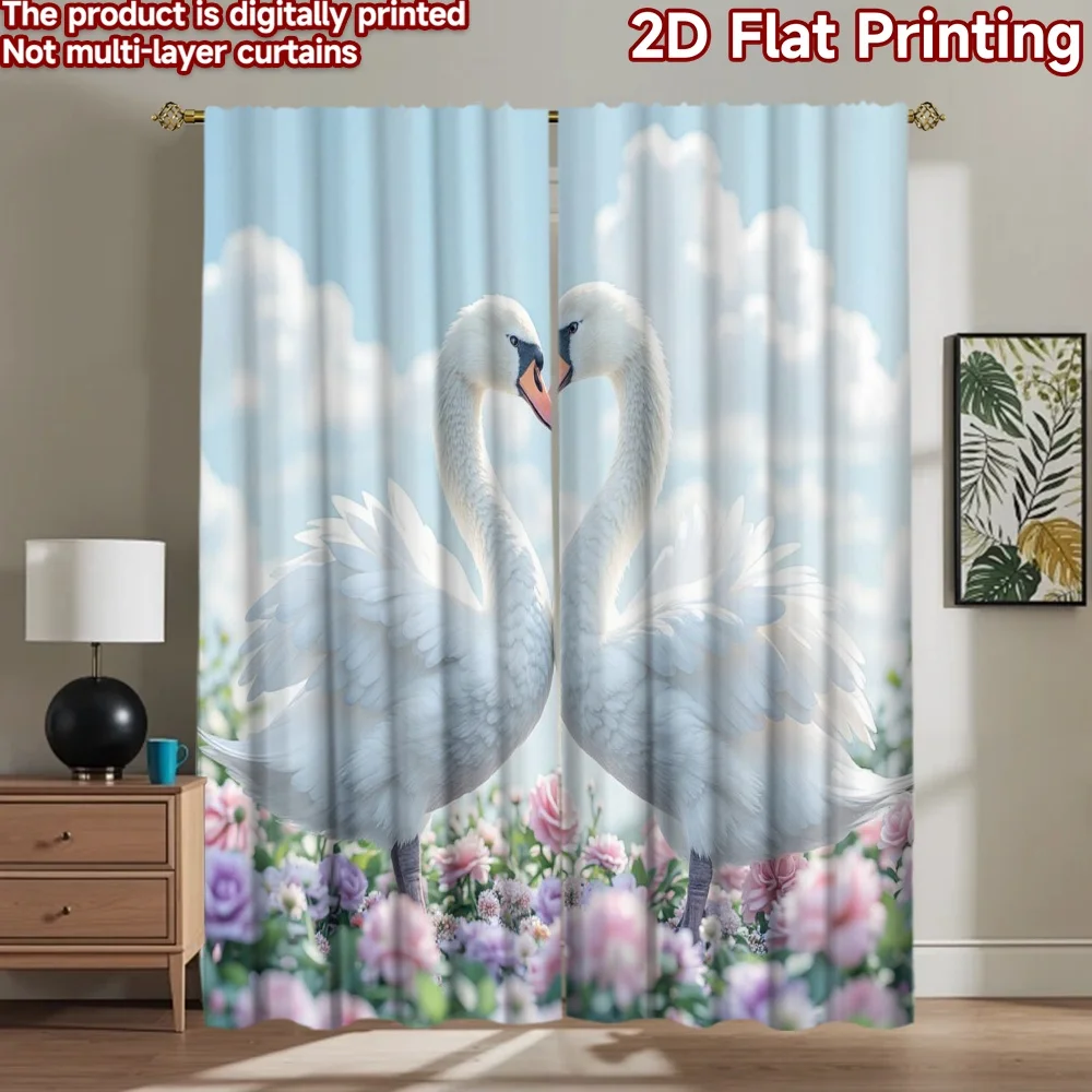 2D flat 2pcs Curtain Retro Country Style Anniversary Swan Heart Digitally printed polyester, colorfast Family Party Decoration