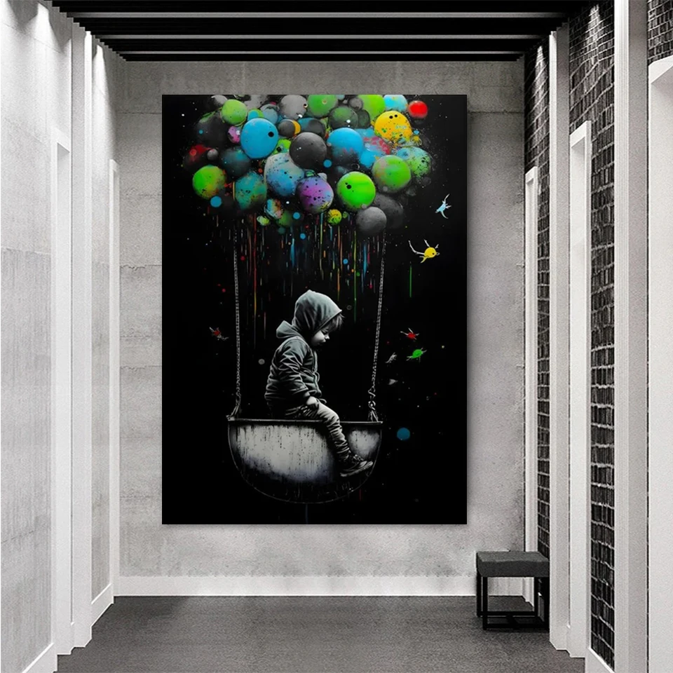 Banksy Graffiti Art Canvas Painting Little Boy Sitting In Hot Air Balloon Posters and Prints Wall Art for Living Room Home Decor