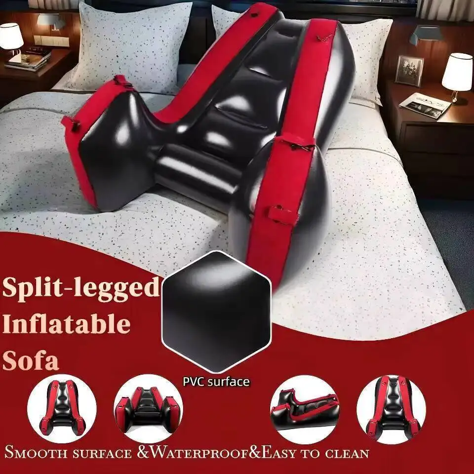 Contemporary PVC Flocking Inflatable Sofa Bed Red with Tufted Design Portable Lounge Chair Air Pump for Bedroom Use 330 Lbs