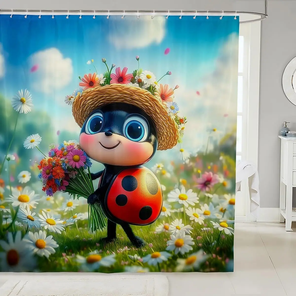 Cute Ladybug Floral Cartoon Shower Curtain for Kids Bathroom Decor Spring Garden Nursery Shower Curtain Liner Kids Bathroom Show