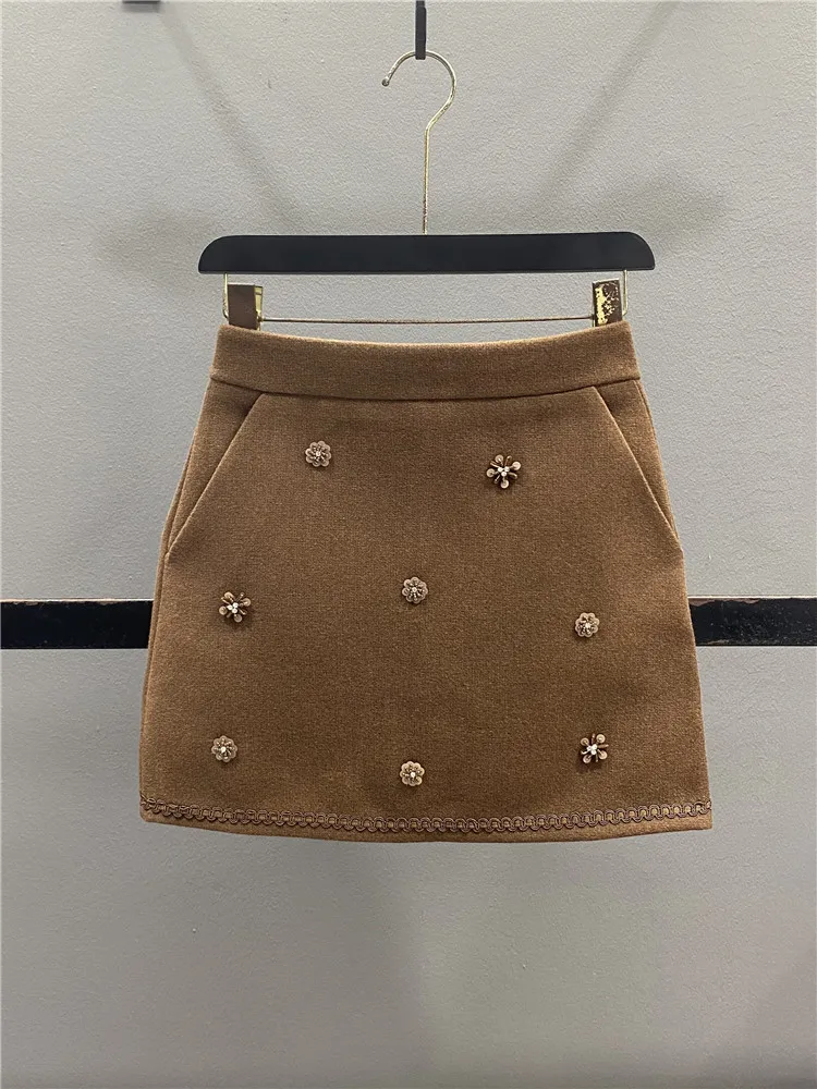 High Waist A-Line  Skirt Women's Autumn Winter Woolen Floral Embellished Slimming Short Skirt Casual Style with Zipper