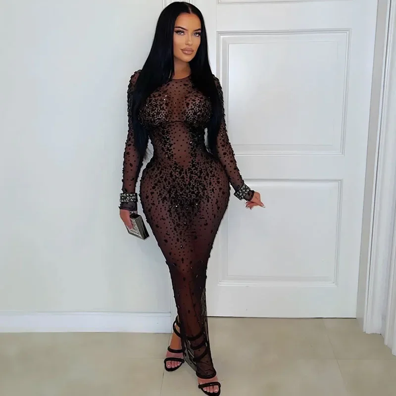 Doyerl Mesh See Through Zwarte Strass Jurk Luxe Sexy Vrouw Nachtclub Party Lange Mouw Terug Split Bodycon Maxi Jurken