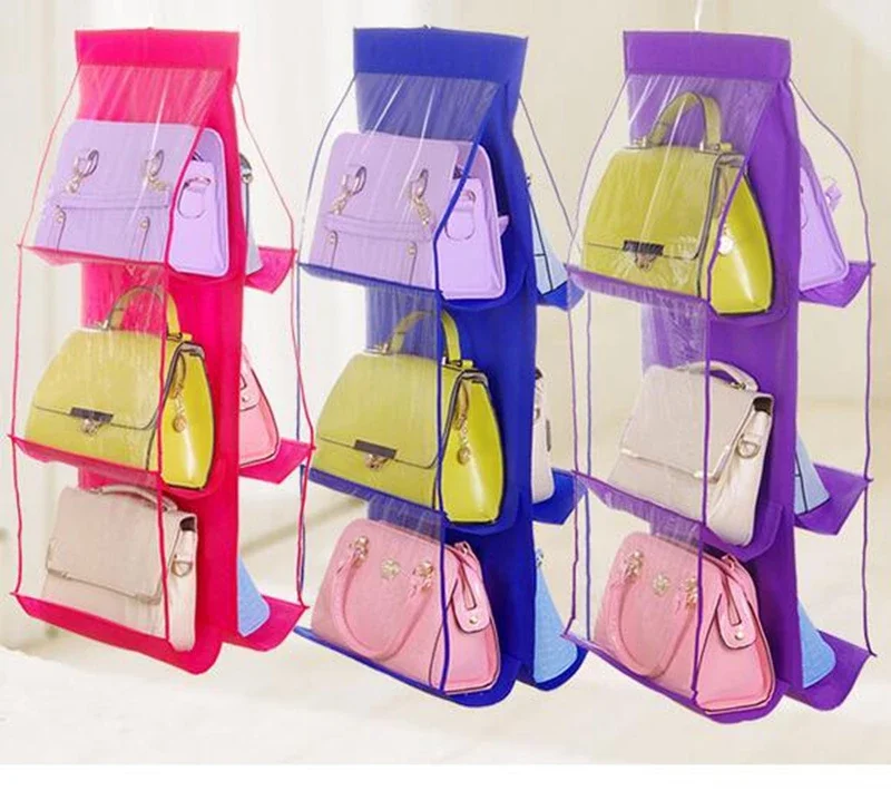 

6 Pocket Hanging Handbag Organizer for Wardrobe Closet Transparent Storage Bag Door Wall Clear Sundry Shoe with Hanger Pouch