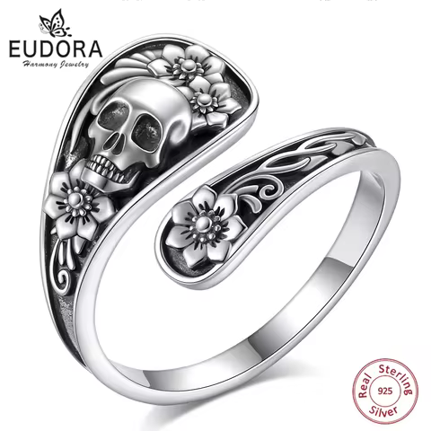 Eudora 925 Sterling Silver Gothic Skull Spoon Adjustable Ring Rose Flower Skeleton Ring Personality Jewelry Gift for Women Man