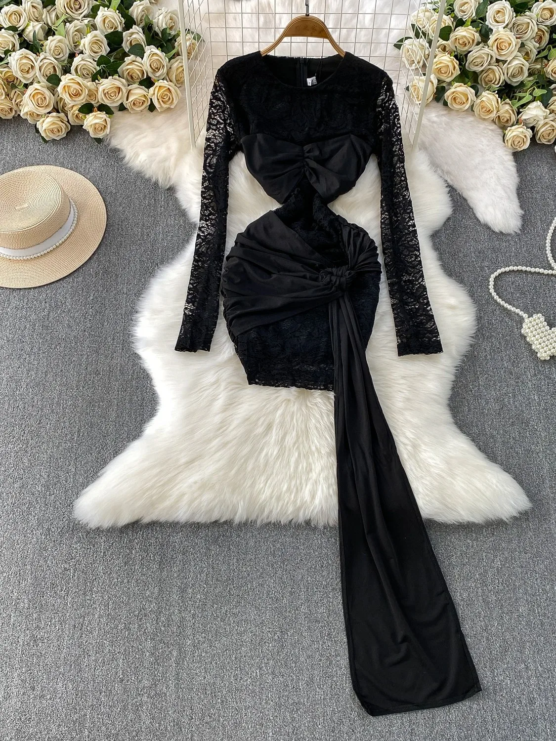 

Sexy Lace round Ne Bell Sve Dr Women's Autumn Winter Design Silk Satin Patchwork Belted Slim Fit Bodycon Skirt