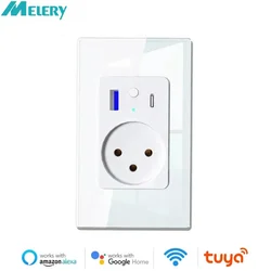 Melery Tuya Wifi Smart Life Israel Power Wall Socket USB Type C PD 30W EU Plug Outlet Glass Panel by Alexa Google Home Assistant
