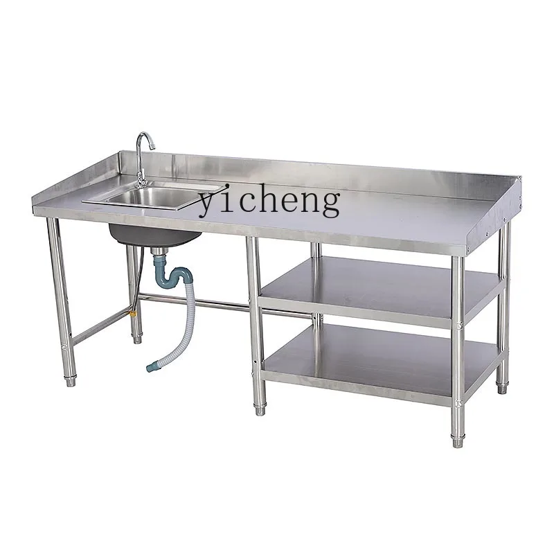 Tqh Stainless Steel Sink Table Top Integrated Single Sink Washing Basin Dishwashing Sink Gas Cylinder Pot Stove Storage Rack