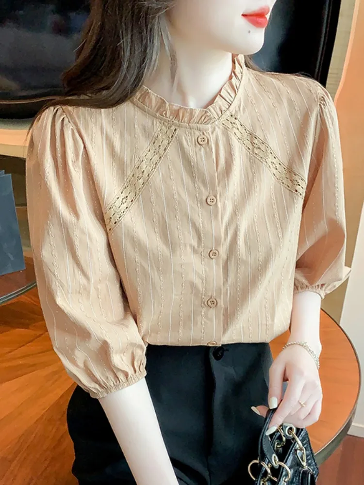 

Summer Cotton Linen Women's Shirt Half Sleeve Fashionable Trendy Top Loose Fit Bubble Sleeve Open Cardigan Regular Length