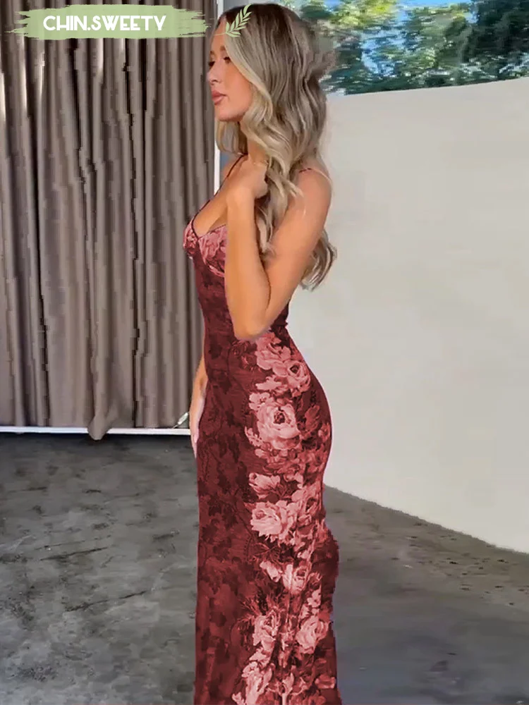 

Printed Patchwork Sling Maxi Dress Women Sexy Sleeveless Waist Cinching Slim Fit Long Dresses 2025 New Summer Beach Party Outfit