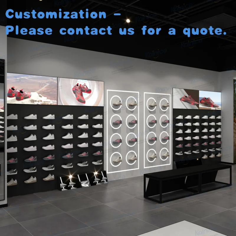 

custom.Kainice Portable Metal Powder Coated Wall Mounted Display Rack Women and Men Shoe Display Shop Interior Design