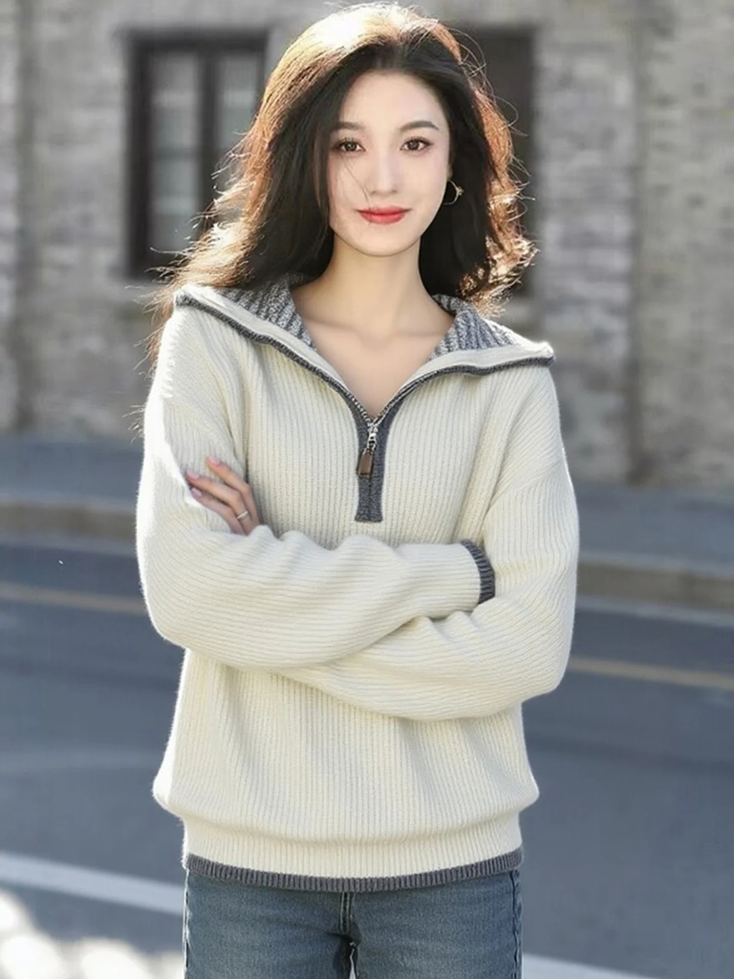 

Уникальный вязаный свитер Уникальный свободный теплый топ Thi Long Sve для женщин Winter Lazy Sle Faion Commute Korean Lo...