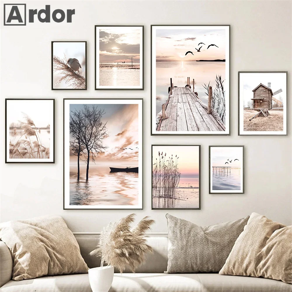 

Sunset Sea Landscape Birds Reed Wall Art Posters Canvas Painting Boat Bridge Print Nordic Wall Pictures Living Room Home Decor